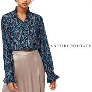 Anthropologie See U Soon Green Black Animal Print Blouse Size Small